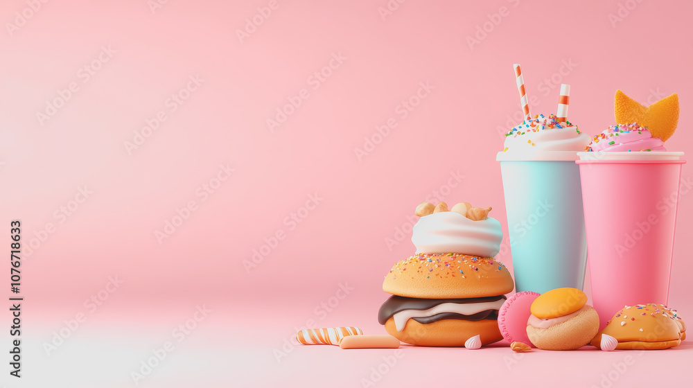 Aufkleber colorful of desserts with drinks displayed on a soft gradient background for food-related visual con