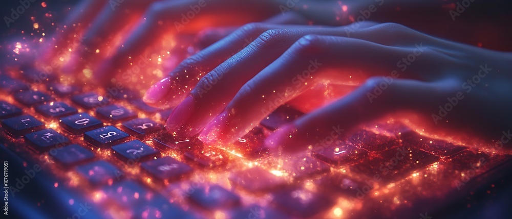 Aufkleber a pair of hands are typing on a glowing keyboard with sparks flying off.