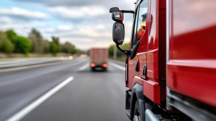 A red truck is captured speeding on the highway, focusing on its side view and blurred motion, conveying a sense of speed and movement in open road transportation.