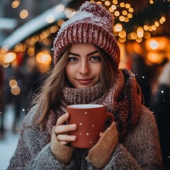 Woman in winter clothing enjoys warm drink amidst festive lights in a snowy environment.