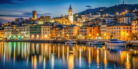 Obraz premium Serene Long Exposure Nightscape of Genova's Waterfront with Vibrant Lights and Tranquil Waters