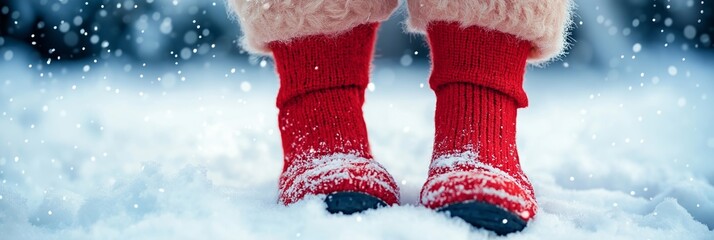 Bright red boots stand out against the snow, adding a splash of color to the winter wonderland theme.