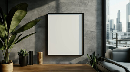 Modern interior with a blank framed poster on a textured wall, surrounded by green plants and minimalist decor, with cityscape view through a large window
