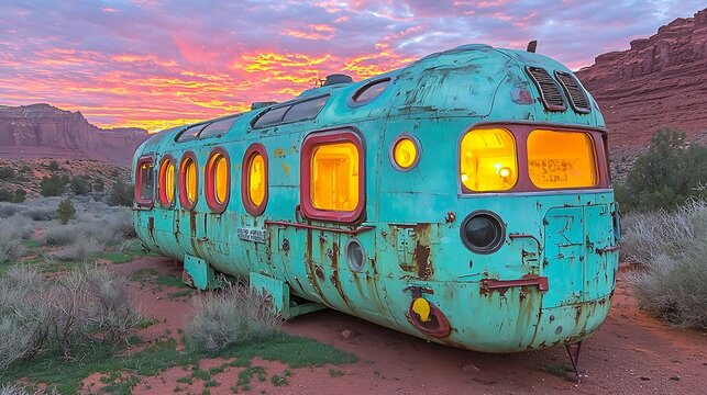 A rusty turquoise bus sits on a barren desert landscape with a colorful sunset in the background.