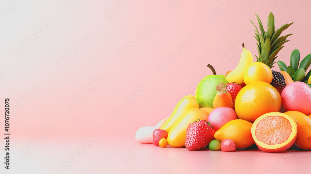 Poster vibrant tropical fruits arrangement on a smooth gradient background creating a fresh and inviting lo