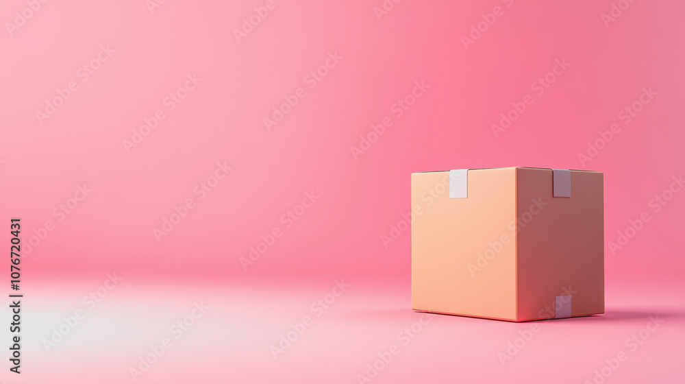 Poster aesthetic unboxing experience on soft gradient background featuring a minimalist cardboard box resti
