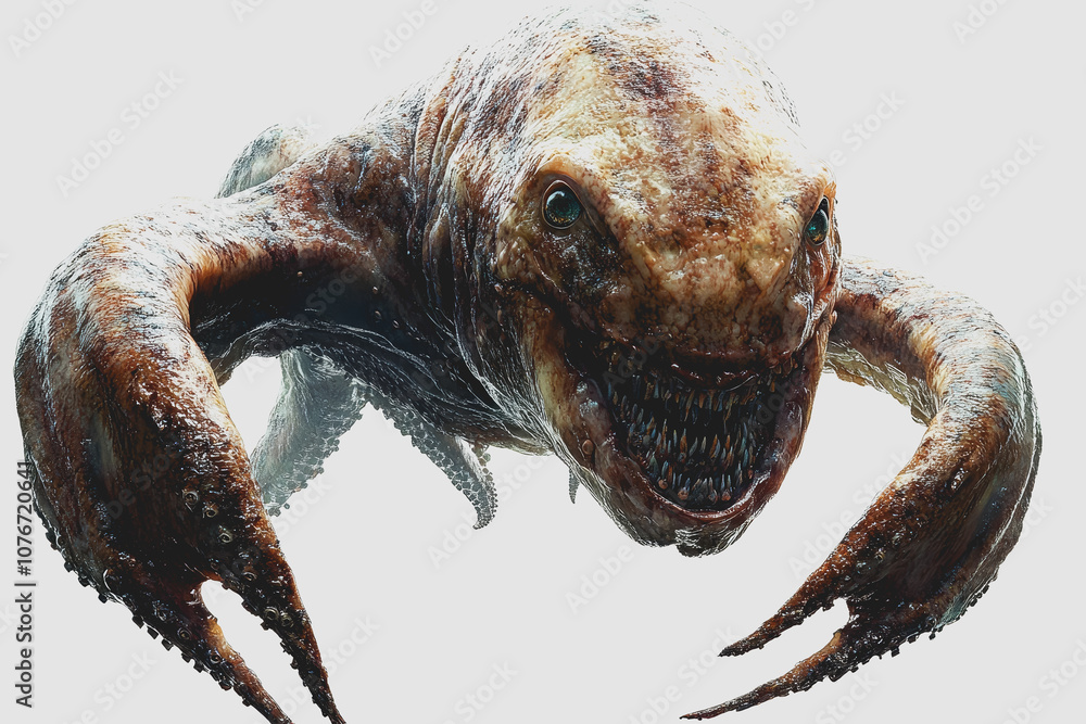 Poster detailed of an underwater creature with distinctive features, isolated on white background for use i