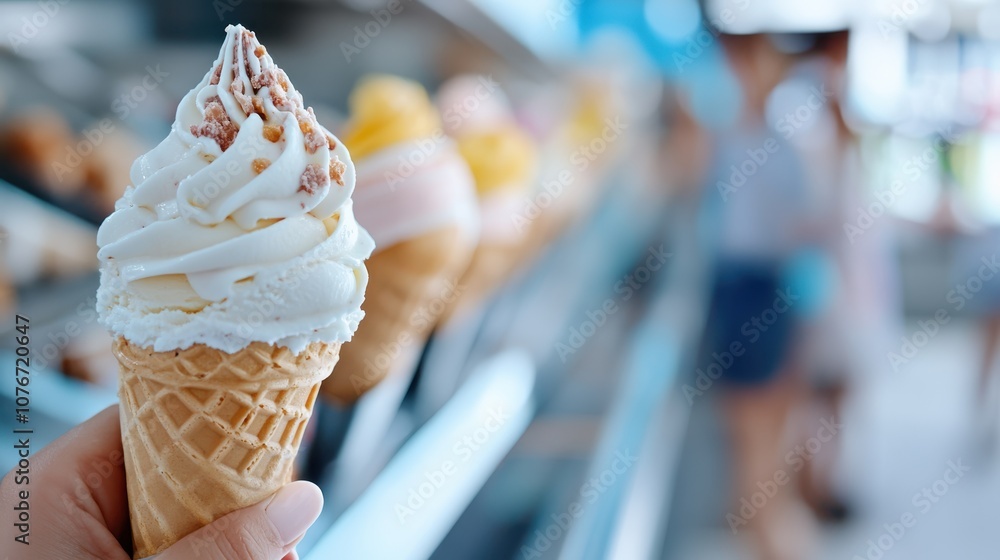 Poster a close-up view of a vanilla ice cream cone topped with cookie sprinkles, capturing the texture and 