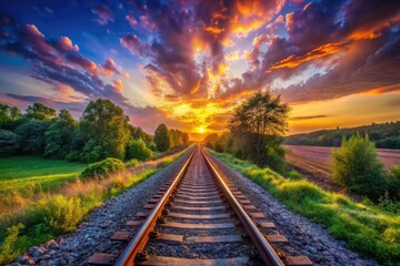 Fototapeta premium Serene Sunset Over Railway Tracks - Beautiful Landscape Scene for Nature Lovers and Photography Enthusiasts