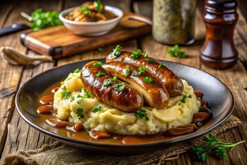 Fototapeta premium A Delicious Plate of Bangers and Mash: Juicy Sausages with Creamy Mashed Potatoes and Rich Onion Gravy for a Traditional British Meal Experience