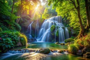 Serene Waterfall in Sunlight - Captivating Low Light Photography of Nature's Beauty