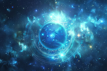 Obraz premium Astrological composition with zodiac circle in signs and symbols