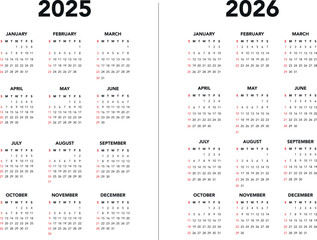 Calendar 2025 and 2026 vector templates start Sunday simple design
