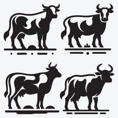 Fototapeta premium Cow Black Silhouette Bundle Clip Art Vector Illustration Isolated on White Background