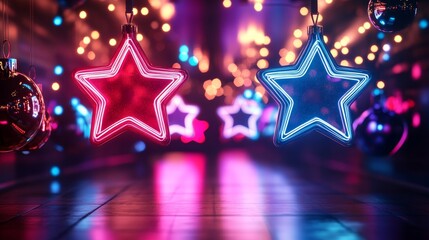 Vibrant neon Christmas stars and bells, suspended in a futuristic environment, surrounded by glowing programmable lights reflecting off metallic surfaces