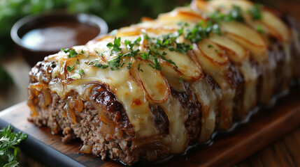 Deliciously baked meatloaf topped with melted cheese and served with cheese slices and fresh parsley on a wooden table.