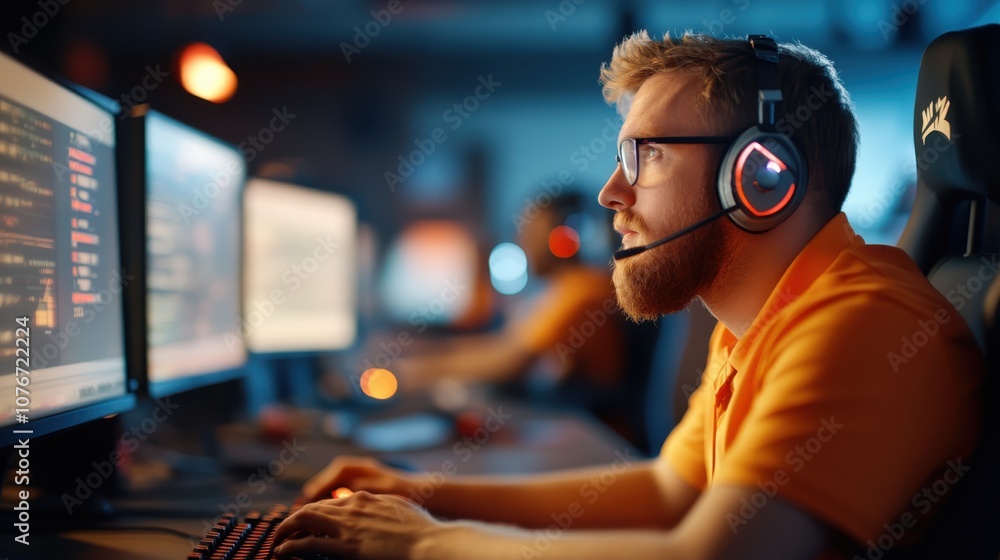 Poster a programmer, focused and wearing a headset, works at his computer setup in a dimly lit room, reflec