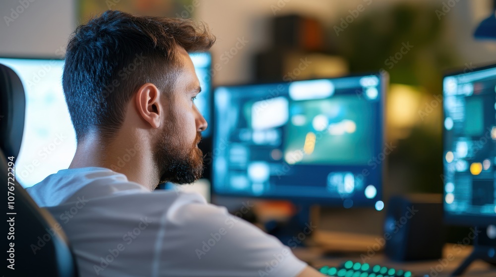 Poster a man sits engrossed, concentrating on multiple computer screens in a room, indicative of the detail