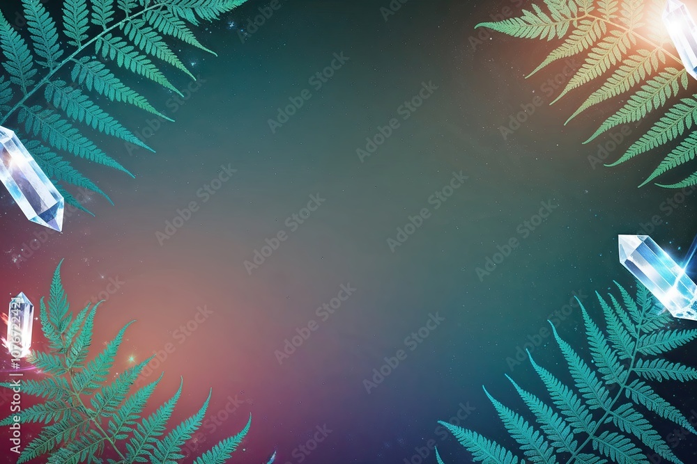 Poster minimalist cosmic gradient background with vivid fern patterns and crystal effects