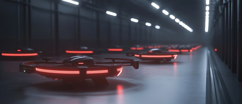 A series of red drones are flying through a dark tunnel - Powered by Adobe