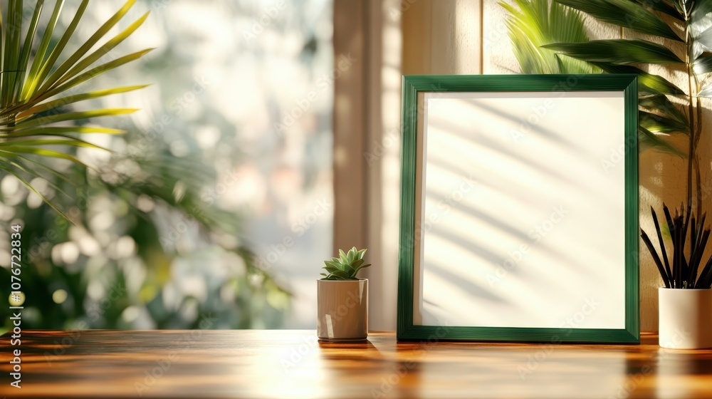 Aufkleber a serene workspace with a nature-inspired theme features an empty green frame and potted plants, off