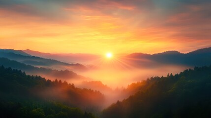 Obraz premium A breathtaking sunrise illuminates a misty mountain valley, with layers of trees creating a serene landscape, Perfect for nature-themed projects, websites, or relaxation content,