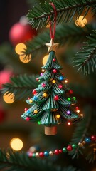 Christmas tree on blurred background with golden sparkling bokeh lights