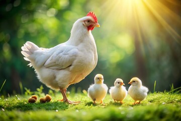 Fototapeta premium A White Hen Protectively Overseeing Three Fluffy Chicks on Lush Green Grass, Capturing the Essence of Family and Care in a Serene Natural Setting with Tilt-Shift Photography