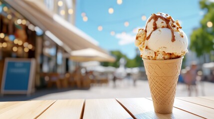 Naklejka premium A charming cone of vanilla ice cream topped with a drizzle of caramel and crunchy pieces, showcasing a delightful treat on a wooden table outdoors on a sunny day.