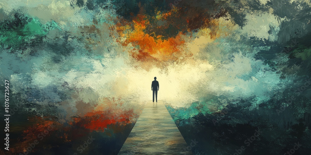 Poster a man is walking down a path in a forest