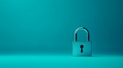Fototapeta premium Minimalistic Image Of A Chrome Padlock On A Solid Teal Background, Symbolizing Security, Privacy, And Protection. Generative AI