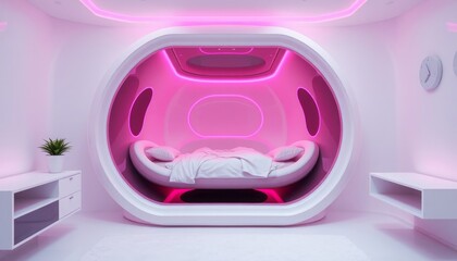 A futuristic bedroom with a round bed in a pod with pink lighting.