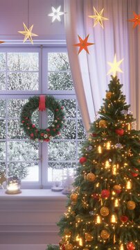 Christmas tree near the window, snowfall outside. 3D render.