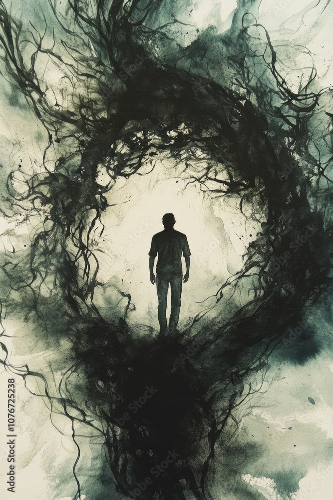 Poster a man is standing in a dark tunnel with trees surrounding him