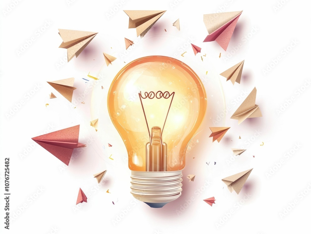 Aufkleber depicting a lightbulb surrounded by a swarm of flying paper planes symbolizing the free flow of crea