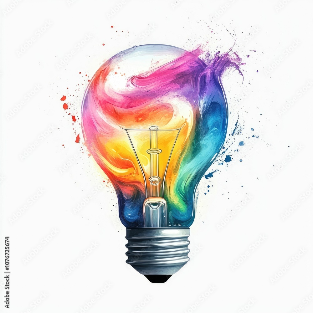Poster depicting a lightbulb filled with a vibrant multicolored paint representing the concept of innovativ