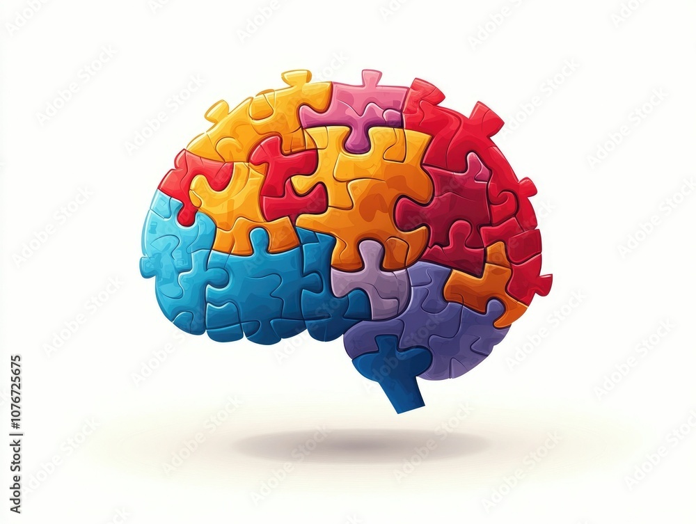 Poster of a brain made up of puzzle pieces symbolizing the creative problem solving process isolated on a w