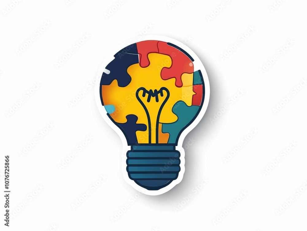 Poster creative solution concept represented by a lightbulb icon inside a puzzle piece symbolizing innovati