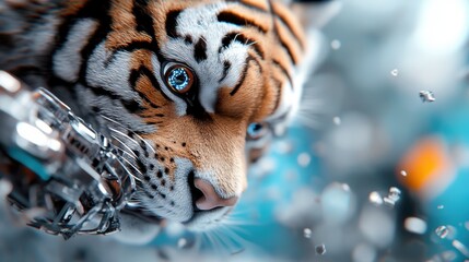 An intense close-up of a tiger with striking cybernetic enhancements, showcasing the fusion of animal instinct and advanced technology in vivid detail.