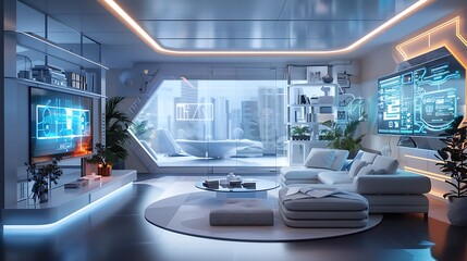 Obraz premium A futuristic smart home system with digital interfaces controlling every aspect of the building's design and functionality. Screens displaying energy consumption, lighting, 