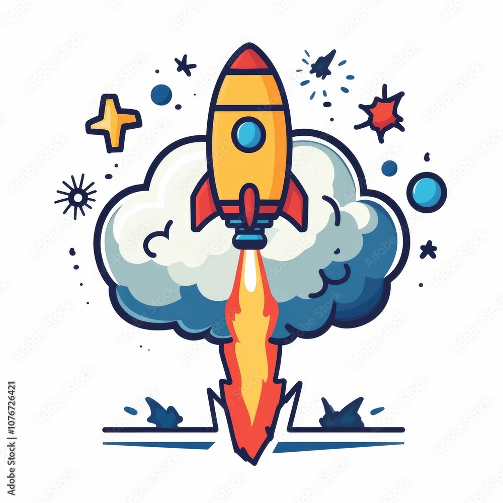 Poster rocket lifting off from a brain symbolizing breakthrough ideas and innovation conceptual of a rocket