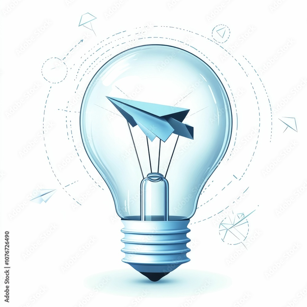 Poster vibrant depicting a lightbulb with a paper plane circling around it symbolizing the creative process