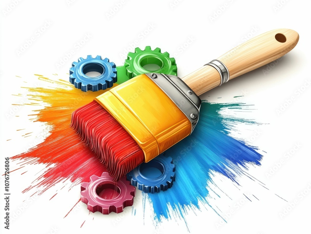 Poster of a paintbrush with gears surrounding it symbolizing the of art creativity and technological innova
