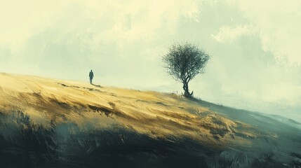 Solitary Figure Walking Towards a Lone Tree