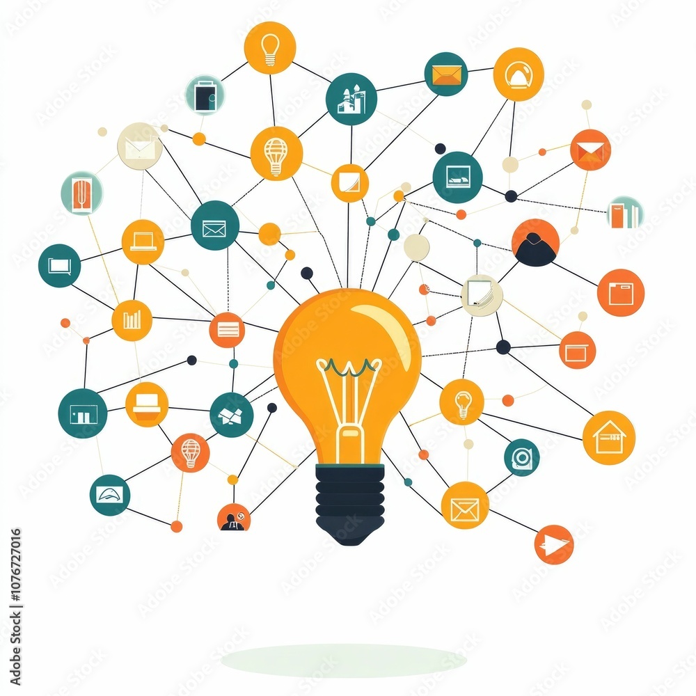 Poster creative thinking visualized a mind map depicting a central lightbulb surrounded by a network of con