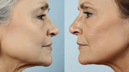 Obraz premium Side-by-side profiles of two women showing facial skin texture and aging differences against a blue background.