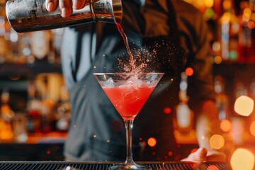 A vivid photo of a bartender pouring a cocktail into a martini glass, with festive lights twinkling in the background, capturing a lively celebration atmosphere.