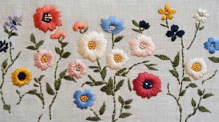 stylish floral embroidery pattern in pastel tones on light fabric