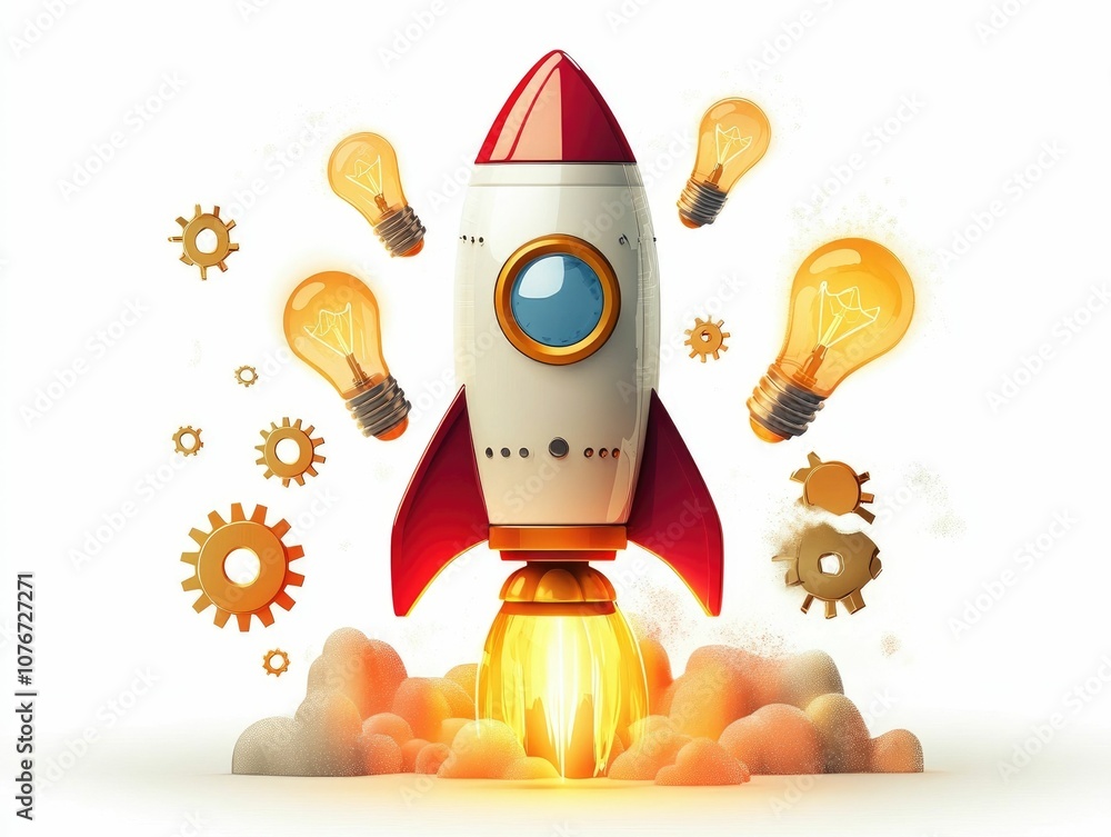 Poster of a rocket with gears and lightbulbs symbolizing the concepts of innovation creative engineering an