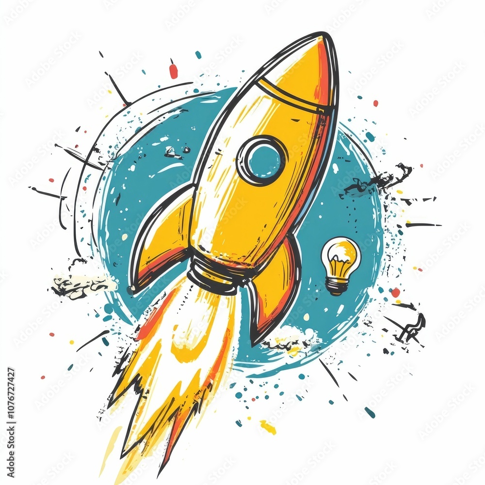 Poster hand drawn of a rocket with a lightbulb on its tip representing the creation of innovative ideas and